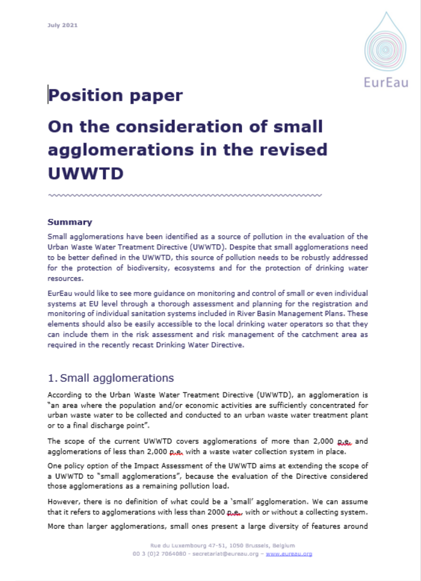 Position paper on the consideration of small agglomerations in the UWWTD