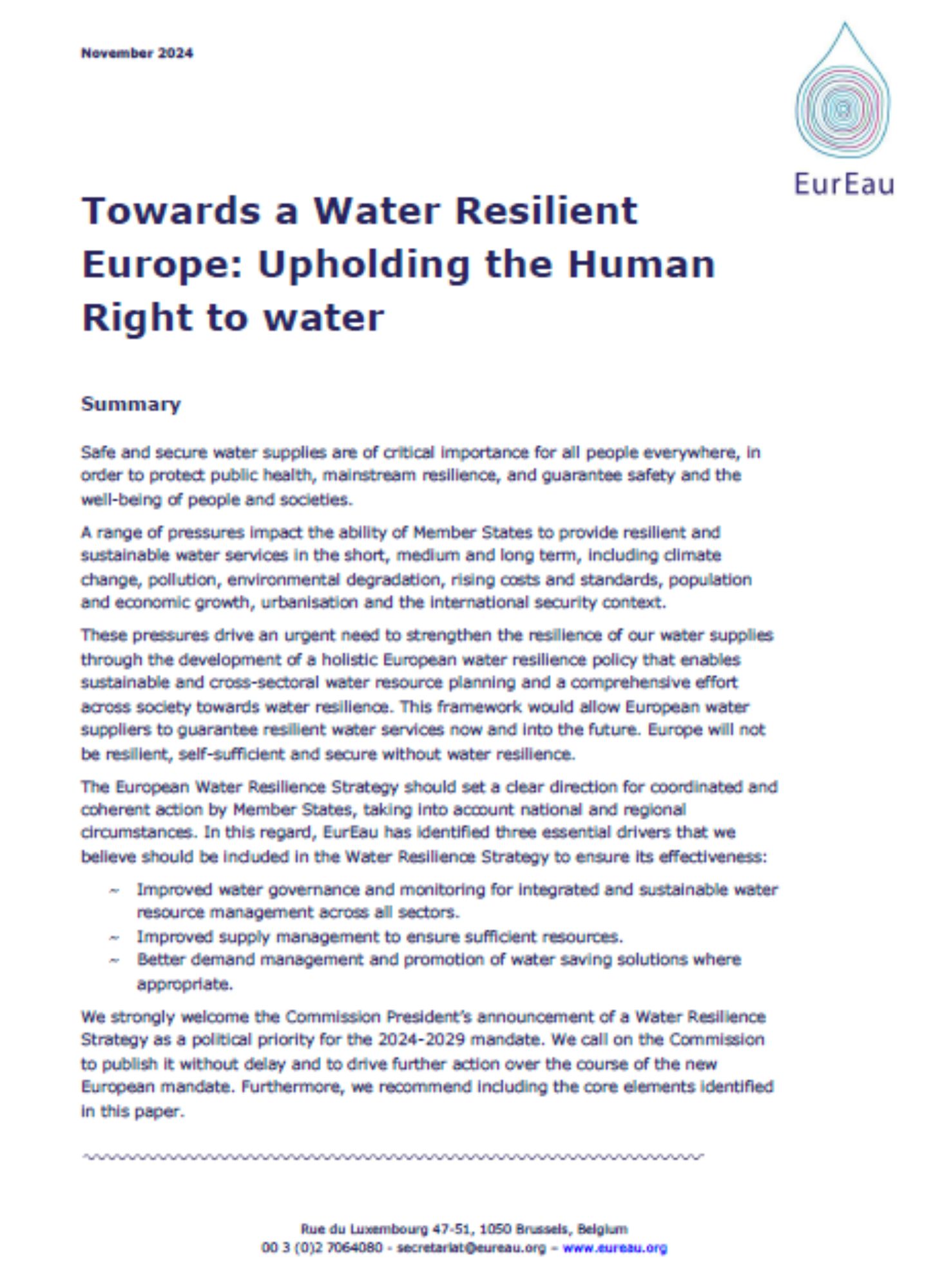 EurEau Position Paper - Towards a Water Resilient Europe: Upholding the Human Right to water